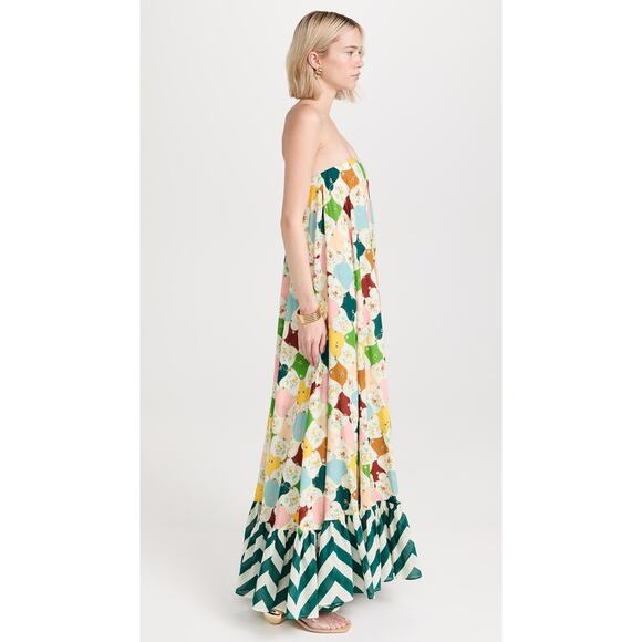 Alemais Everly Strapless Multicolor Quilt Print Whimsical Silk Maxi Gown Size 10 - Picture 3 of 14